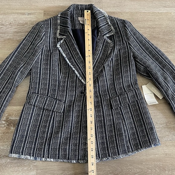 Chico's Striped Tweed Blazer Jacket 1P 8P US Navy Single Button Fringe - Picture 3 of 11